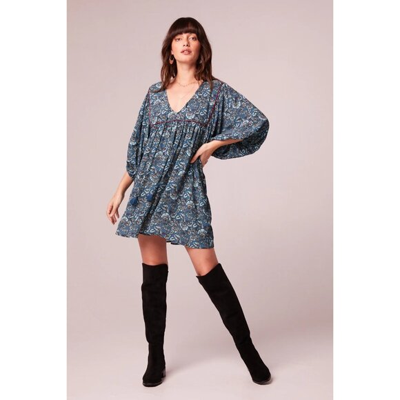 Band Of The Free Mallory Floral Babydoll Mini Dress Size Medium Deep Teal Aqua - Picture 6 of 16